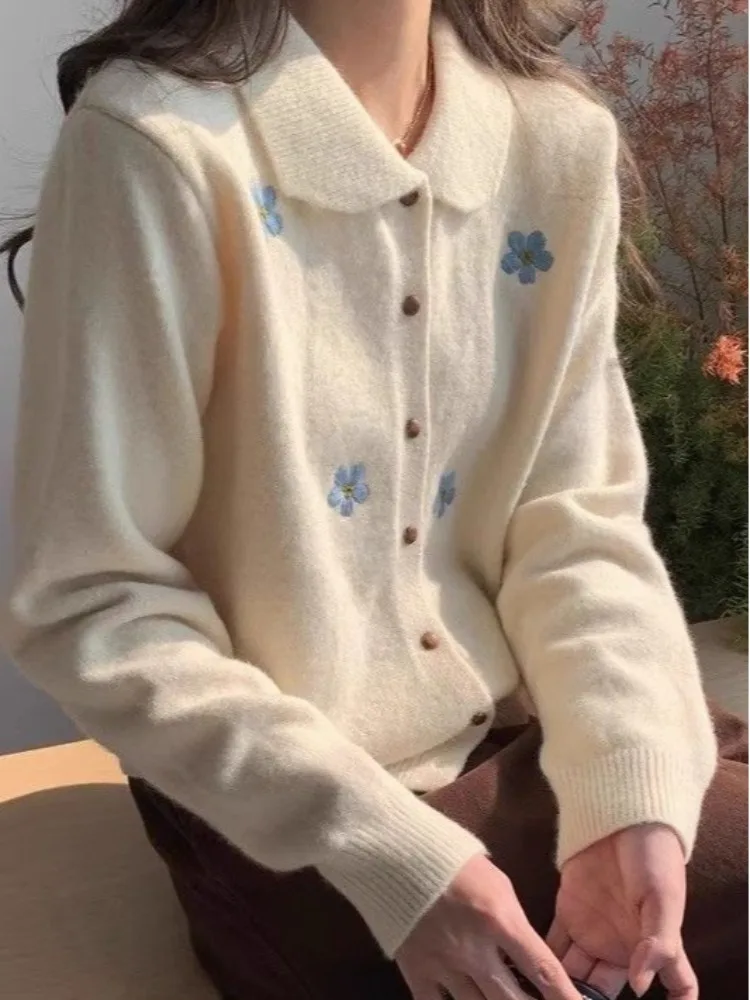 Sweet Sle المطرزة الأزهار Ne تريكو ملابس خارجية المرأة فضفاضة تناسب الخريف الشتاء Faion الكورية Sle الأعلى #5