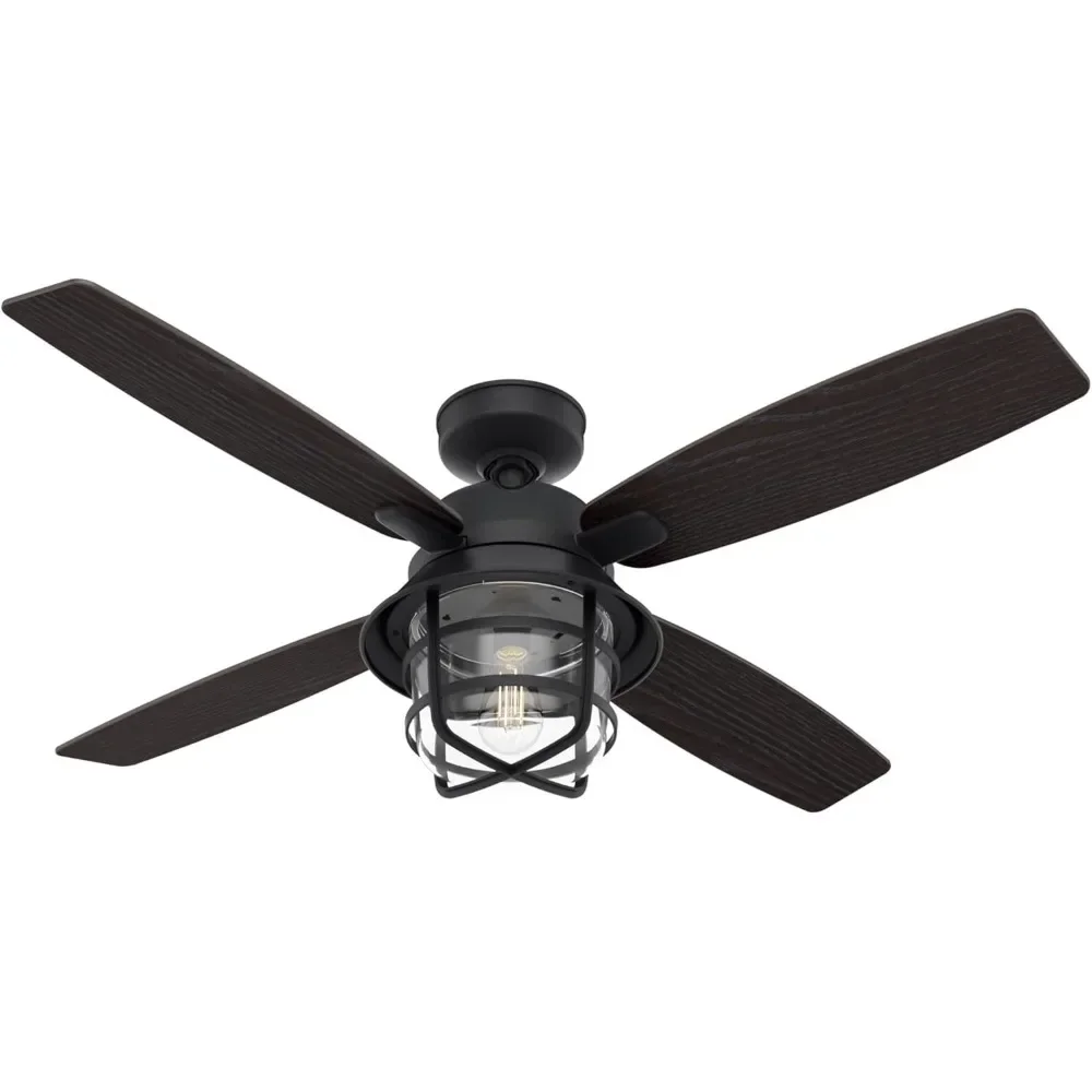 

52 inch restaurant ceiling fan light with LED lights and remote control, 4 reversible blades with black willow/walnut stripes