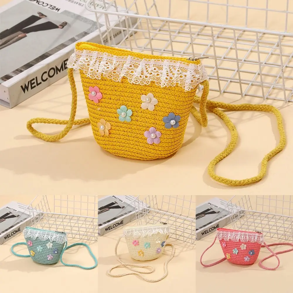 

Casual Flower Lace Kids Straw Crossbody Bag Zipper Portable Flower Woven Coin Purse Beach Bags