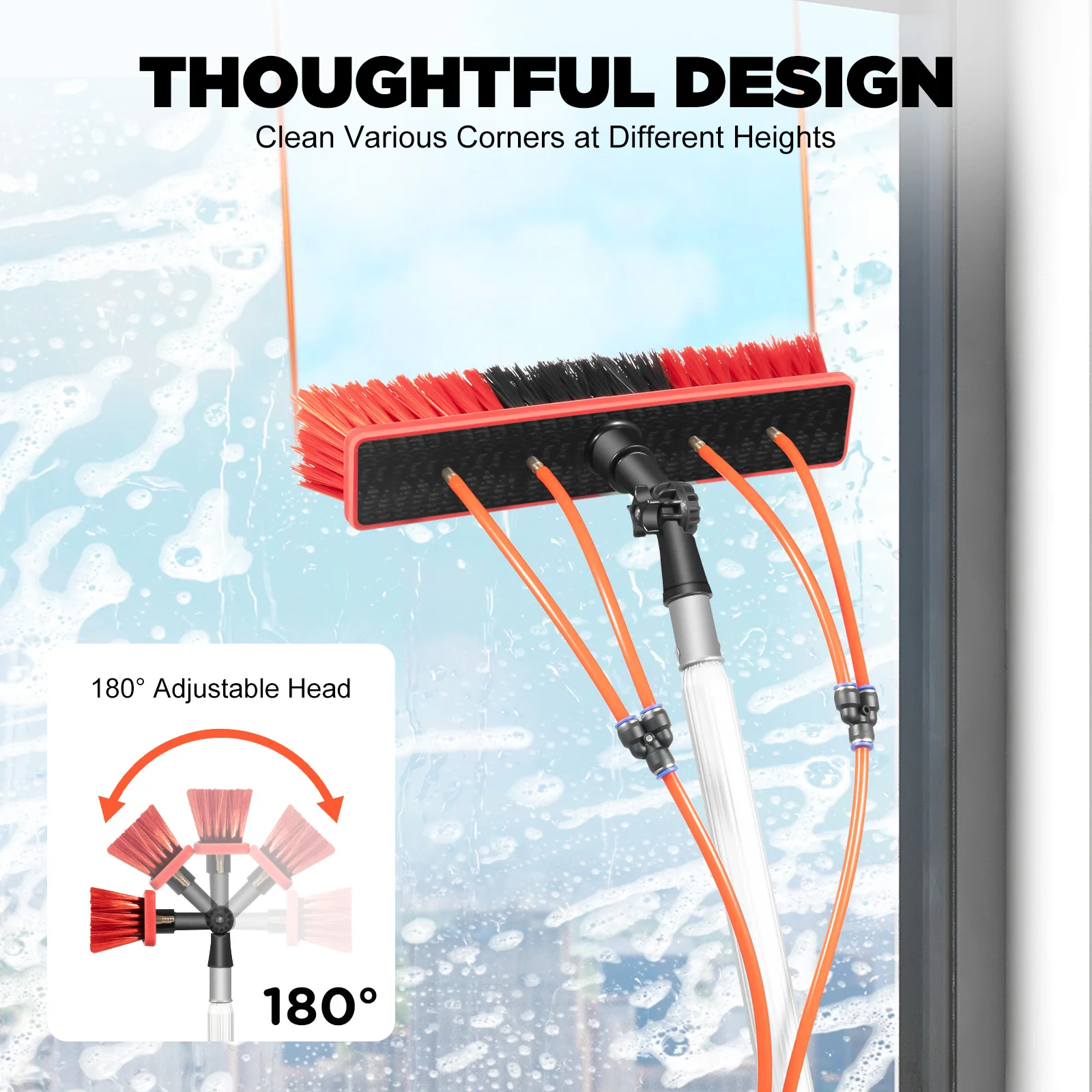 

Window Cleaning Pole, 7.4m Extendable Window Washer, 180° Rotatable Brush Head, Water Fed Cleaning Kit for High Windows Solar Panels