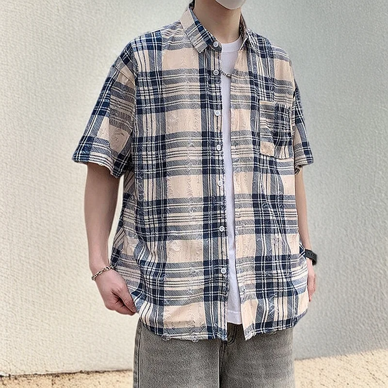 Vintage Short Sleeve Ripped Men's Plaid Shirt Summer Trendy Striped Printed Oversized Men Shirts Jacket Large Size Streetwear