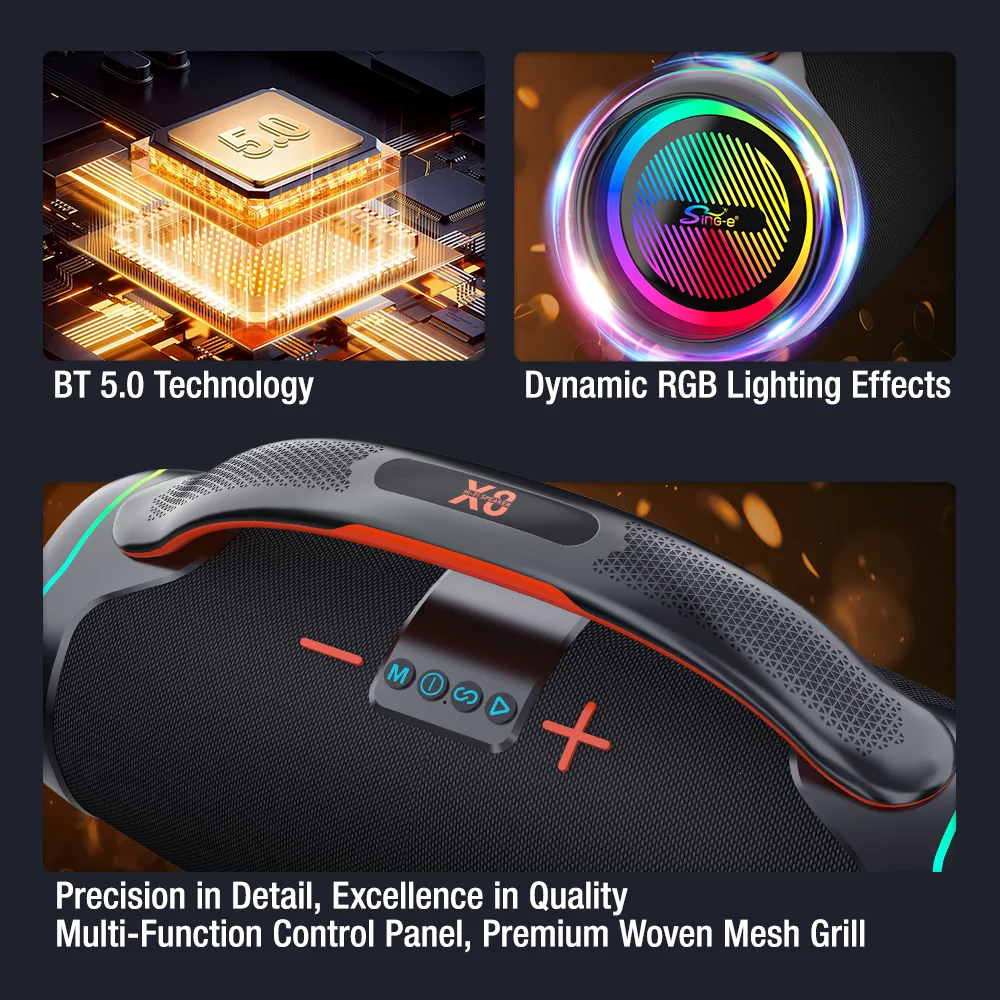 ZQS-X8 LED Super Głośniki 100W Bas Bezprzewodowy Przenośny Głośnik Bluetooth z Uchwytem Wodoodporny Domowy Karaoke Soundbar