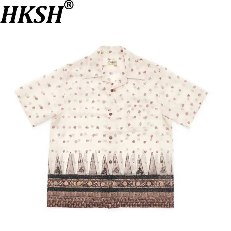 

HKSH Spring Summer New Men Tide Japanese Hawaiian Snowflake Print Cuban Collar Short-Sleeve Shirt Chic Ins Vibe Fashion HK23628