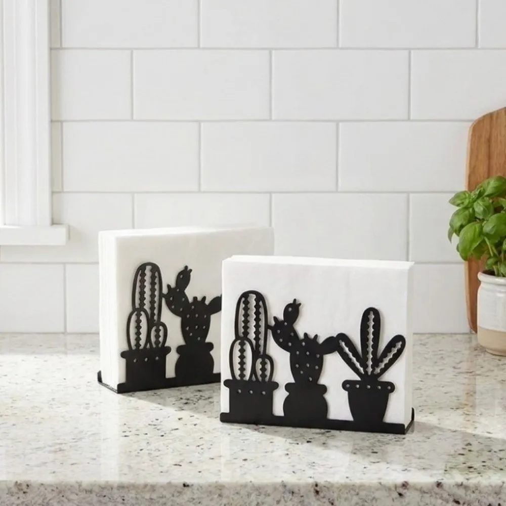 Durable Iron Cactus Napkin Holder Freestanding Decorative Napkin Dispenser Black Stable Napkin Storage Shelf for Kitchen