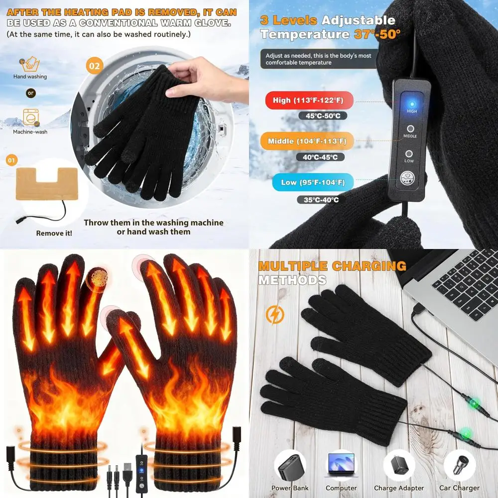 

USB Heated Gloves for Women Men, Winter Gloves Full Finger Hand Warmers Gloves 3 Levels Temperature Adjustable Fast Heating Elec