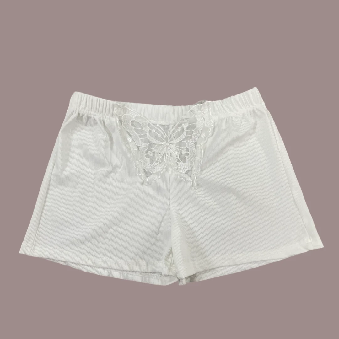 Women's Summer Butterfly Lace Shorts - White High Waist Short Pants with Cutout Embroidery Detail, Y2K Streetwear