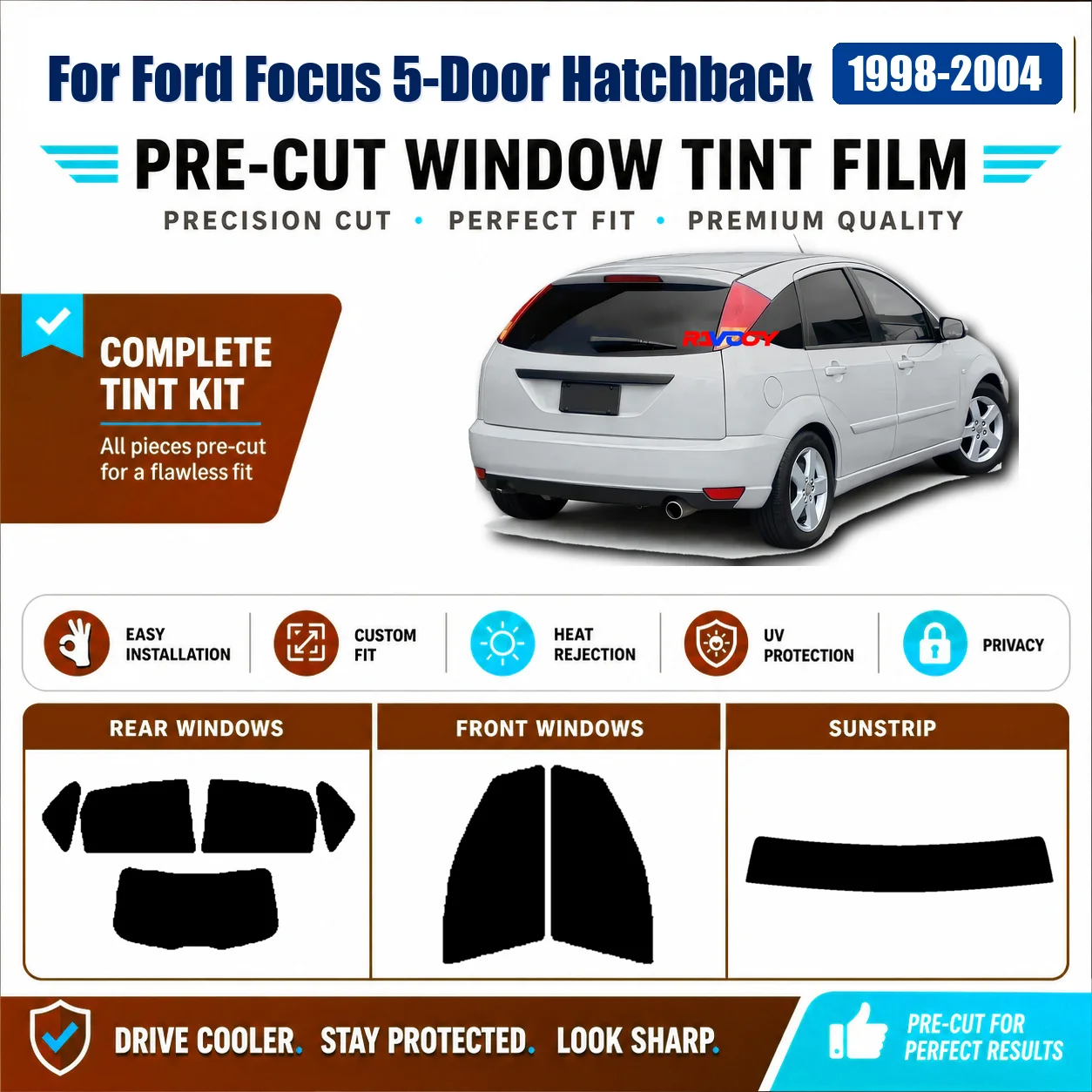 For Ford Focus 5-Door Hatchback 1998-2004 Sun Shade Film Front & Rear Window DIY Install Kit