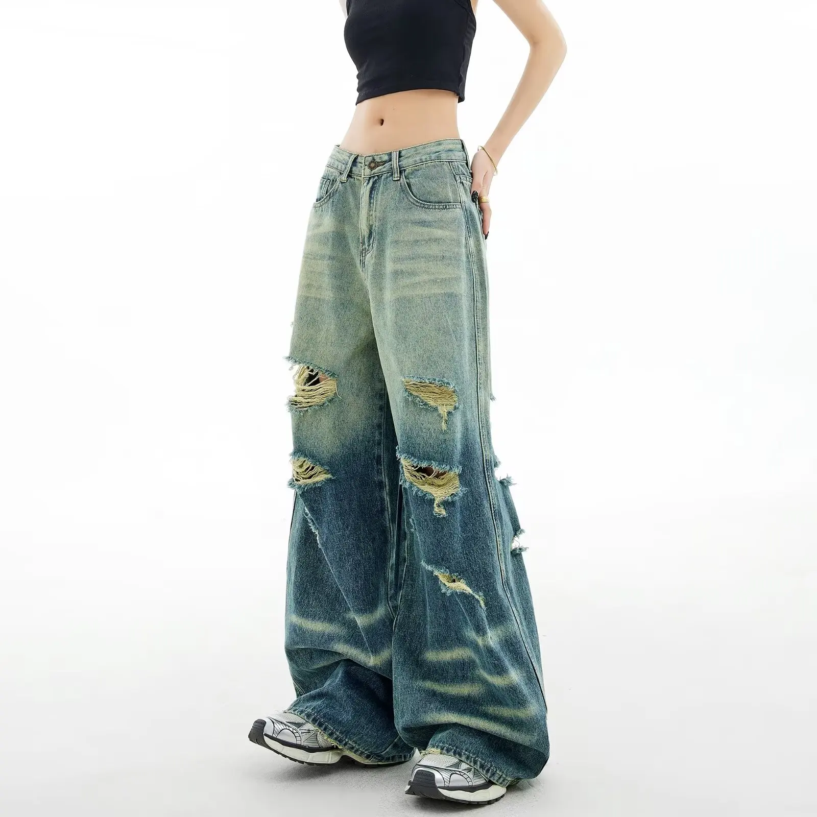 Vintage Gradient Wash Ripped Jeans for Women Casual High Waist Baggy Wide Leg Denim Trousers Korean Street Punk Hip Hop Pants