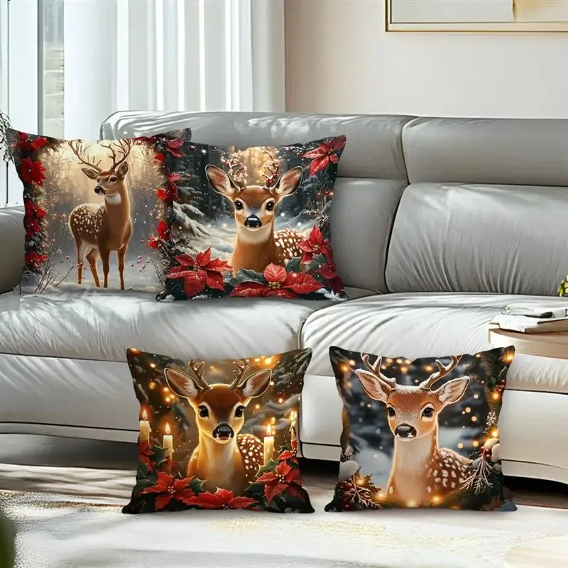 Home Decor Deer With Poinsettia And Holiday Lights Pattern Cushion Covers For Sofa Bedroom Car Pillow Covers