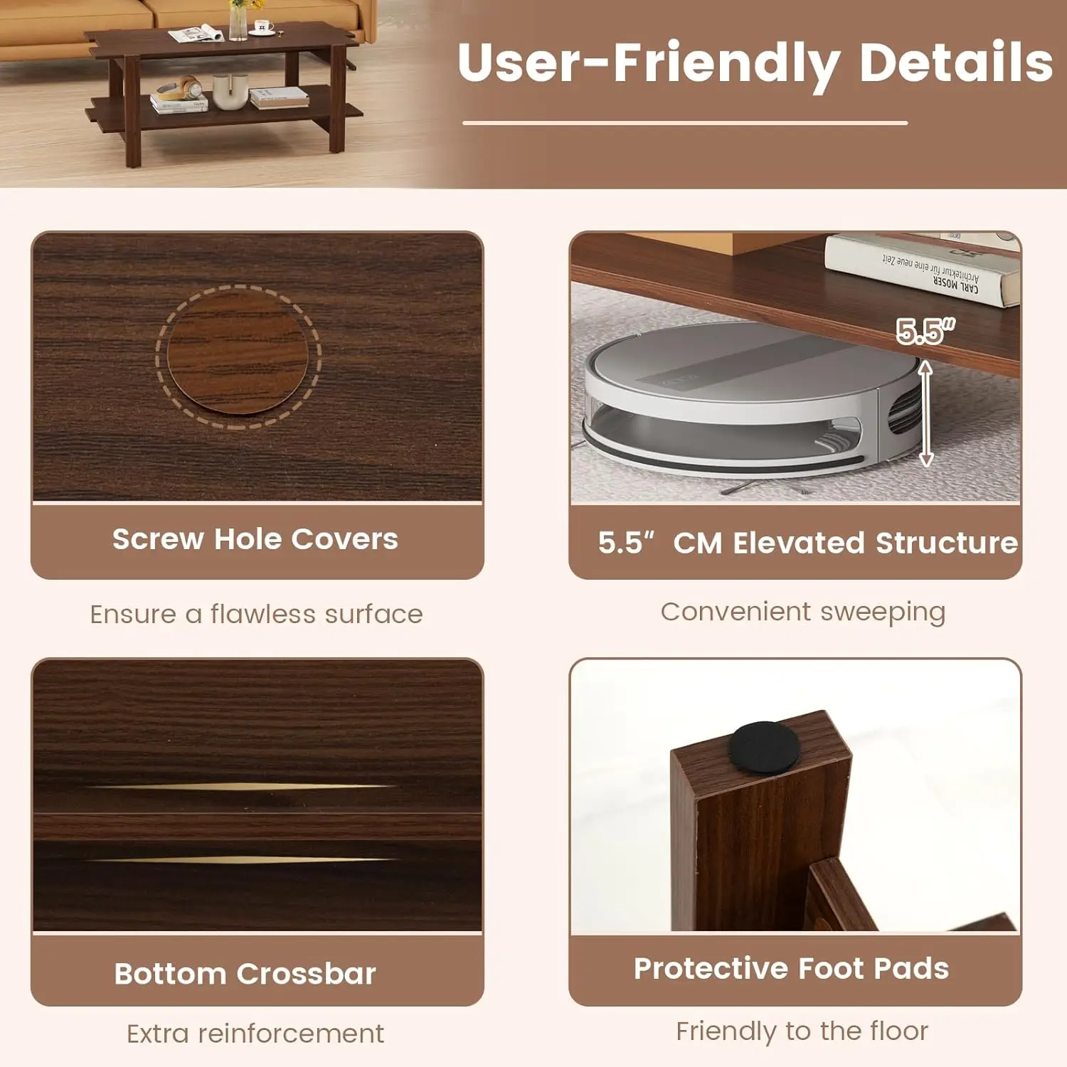 Mesa de centro com armazenamento, mesa central moderna de 45 polegadas com design de ripas e suporte de trilho lateral, mesa retangular para sala de estar