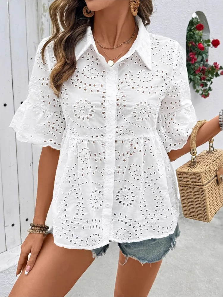 

Woman's Summer Casual Solid Color Top Fashion Hole-out Design Blouses Loose Flip Collar Shirt Ladies Solid-color Streetwear