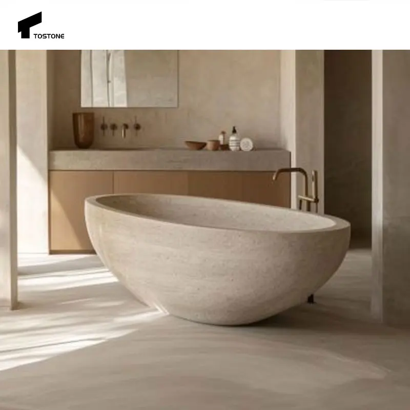 Tostone Vintage Silver Grey Travertine Free-Standing White Bathtubs for Villa and Apartment Outdoor Areas