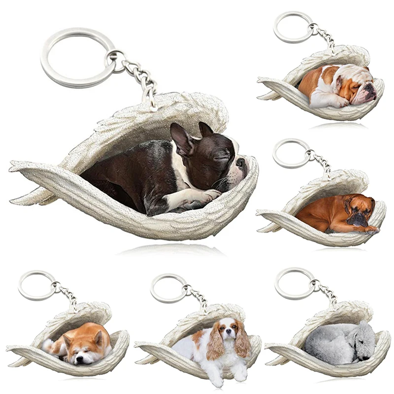 100 Style Cut Dog Sleeping Angel Pendant Bag Keychain Car Keychain Keyring Animal Pet Jewelry Boyfriend Girls Gift Accessories