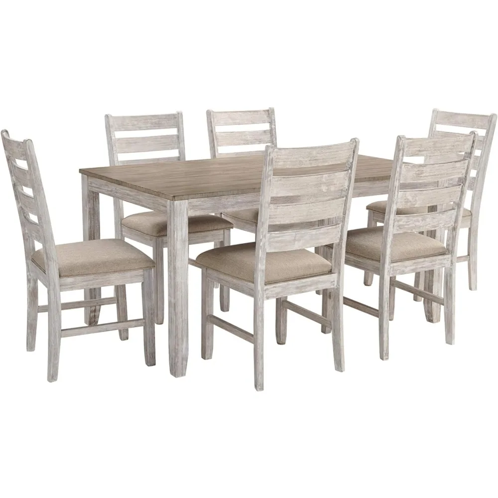 Skempton Cottage Dining Room Table Set with 6 Upholstered Chairs, Whitewash, 36