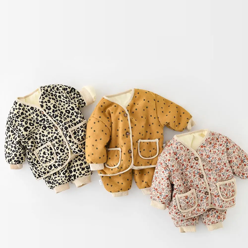 2026 Winter New Baby Warm Clothes Set Cute Leopard Floral Coat + Pants 2pcs Suit Vintage Baby Girl Outfits Infant Jacket Set