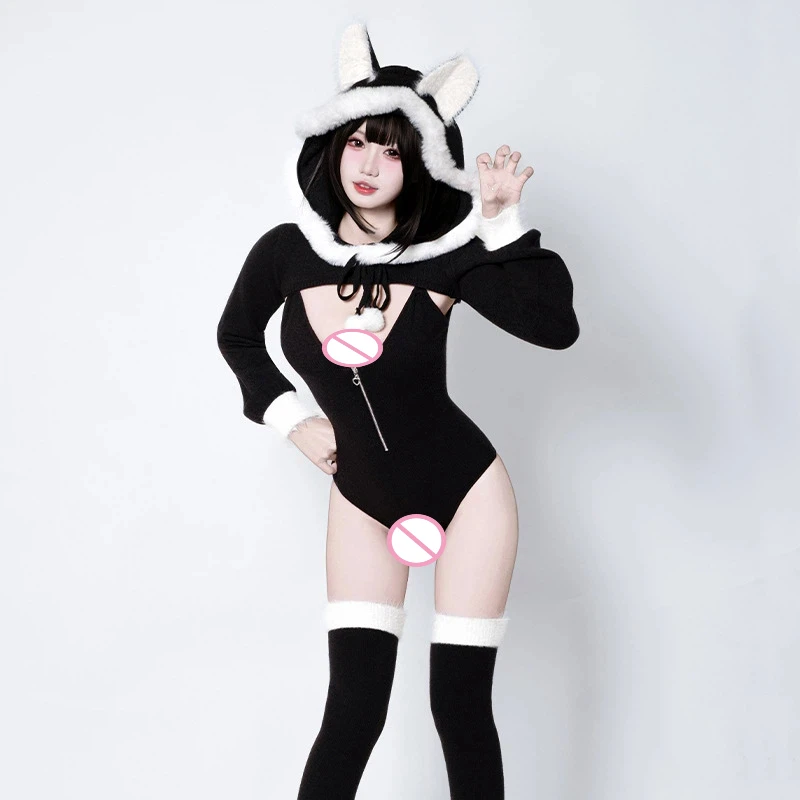 

Knitted Anime Large Wolf High End Cosplay Costume Sexy Bodysuit Hooded Top Socks Kawaii Bunny Style Plush Loungewear Jumpsuit