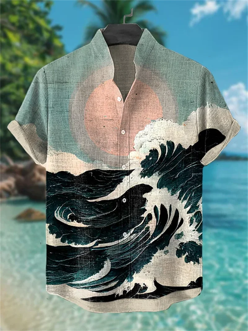 New men's short sleeved shirt with linen animal pattern, fashionable 3D wave print art, high-quality shirt