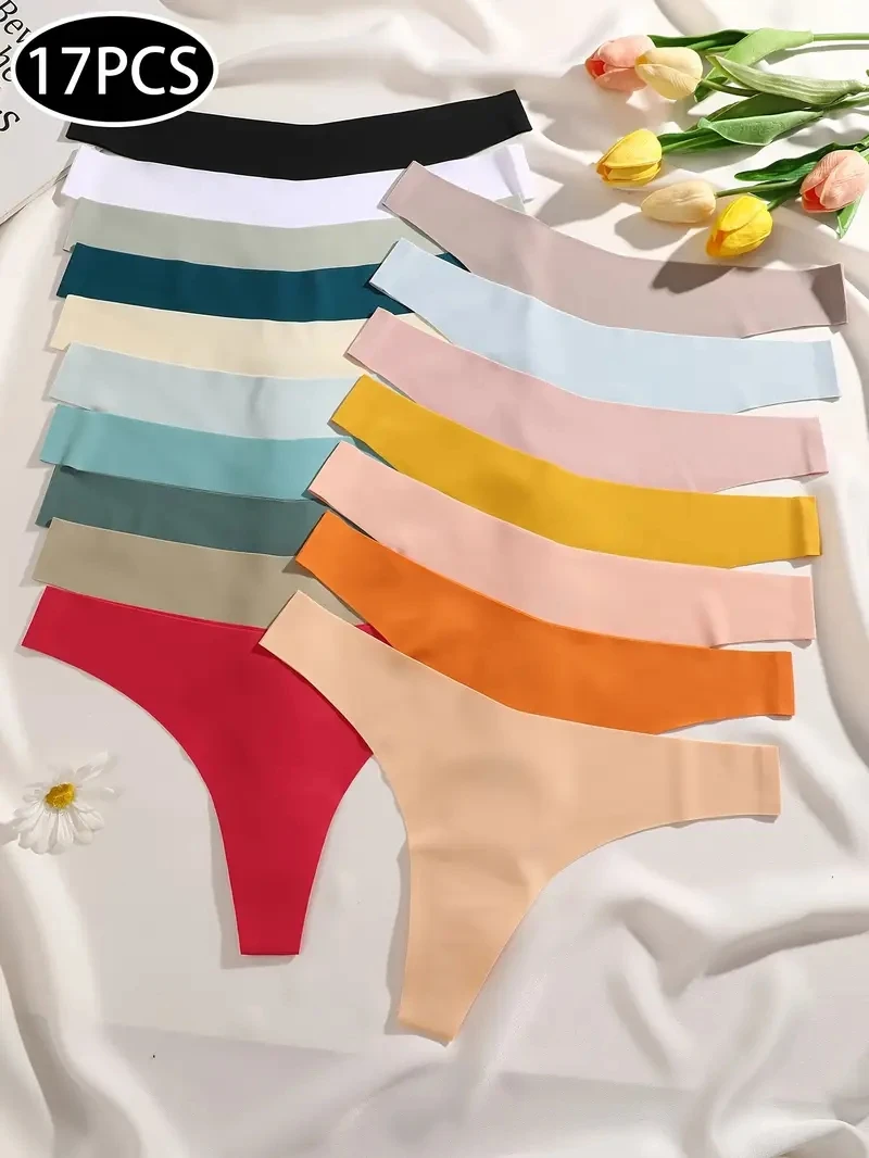 

17 шт./компл. женские бесшовные трусики из ледяного шелка, ультратонкие стринги, нижнее белье, сексуальные трусики с низкой талией, летние стринги, женские однотонные XS-XL