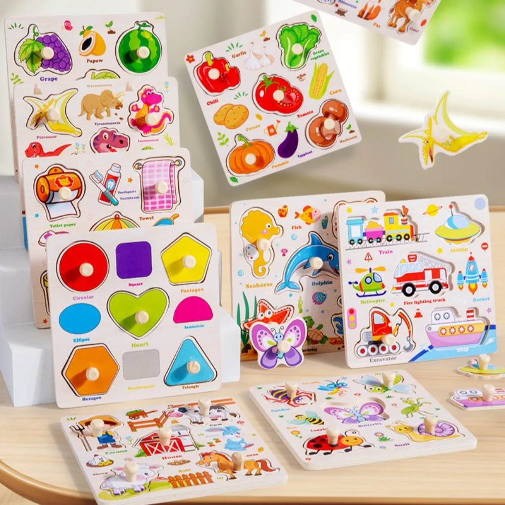 

Montessori Wooden Puzzles Cartoon Animal Fruit Hand Grab Board Cognition Jigsaw Puzzle Game Learning Educational Toys For Kids