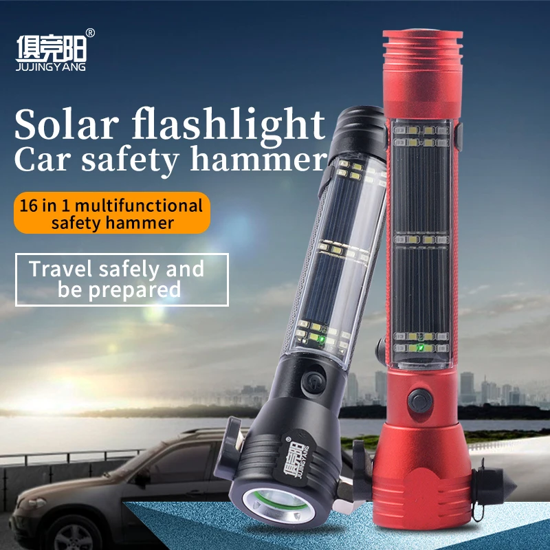 Solar flashlight car safety hammer light warning strong light getting lose guide outdoor lighting special flashlight