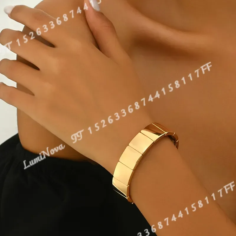 Women Fashion Elastic Bracelet Curved Bright Metal Square Multi Combination Arrangement High End Style Daily Party Jewelry