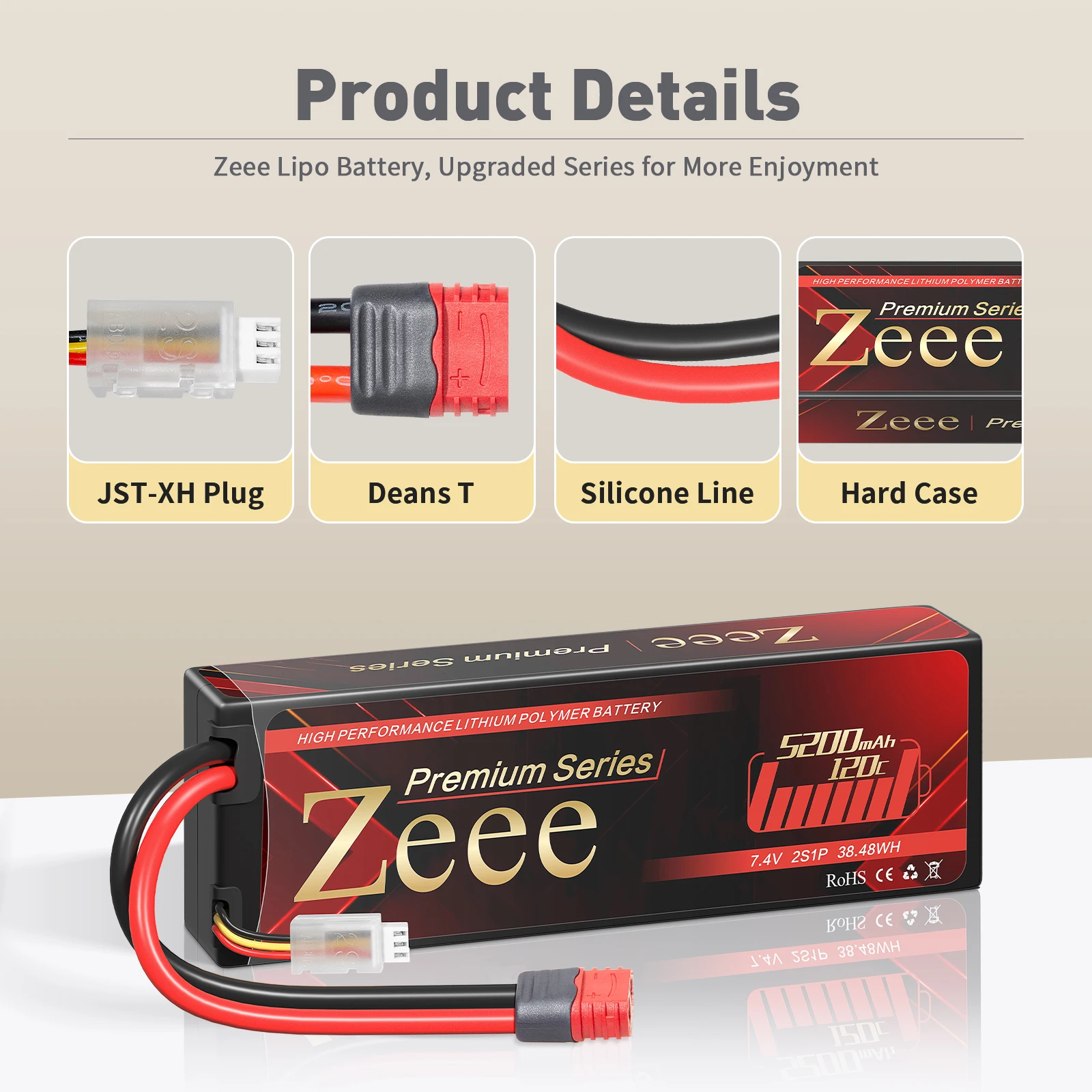 Zeee-batería Lipo 2S de 5200mAh, carcasa rígida con enchufe en T para coche RC 1/8, 1/10, barcos, Drones FPV, piezas de modelos RC, serie Premium, 2