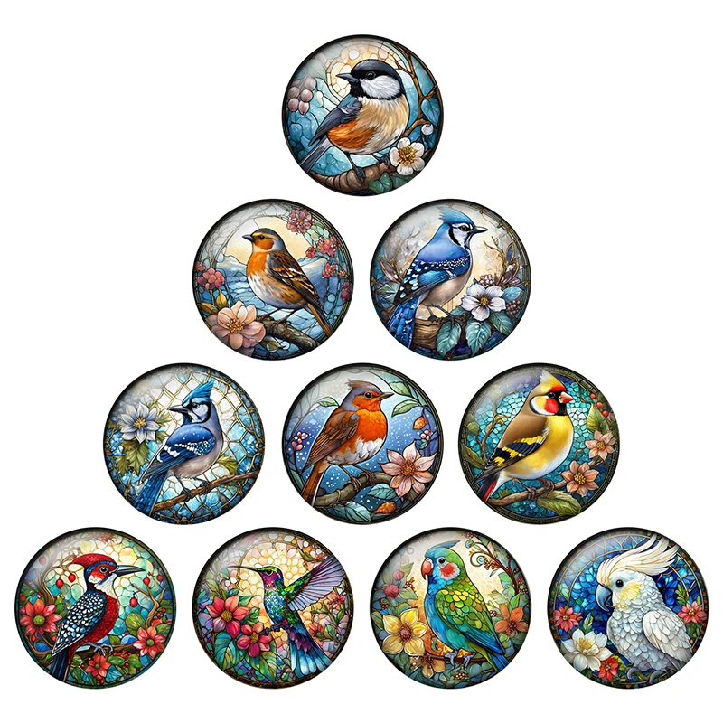 Watercolor Flowers Birds Art Paintings 24pcs Mix 12mm/20mm/25mm Round Photo Glass Cabochon Demo Flat Back Making Findings H151