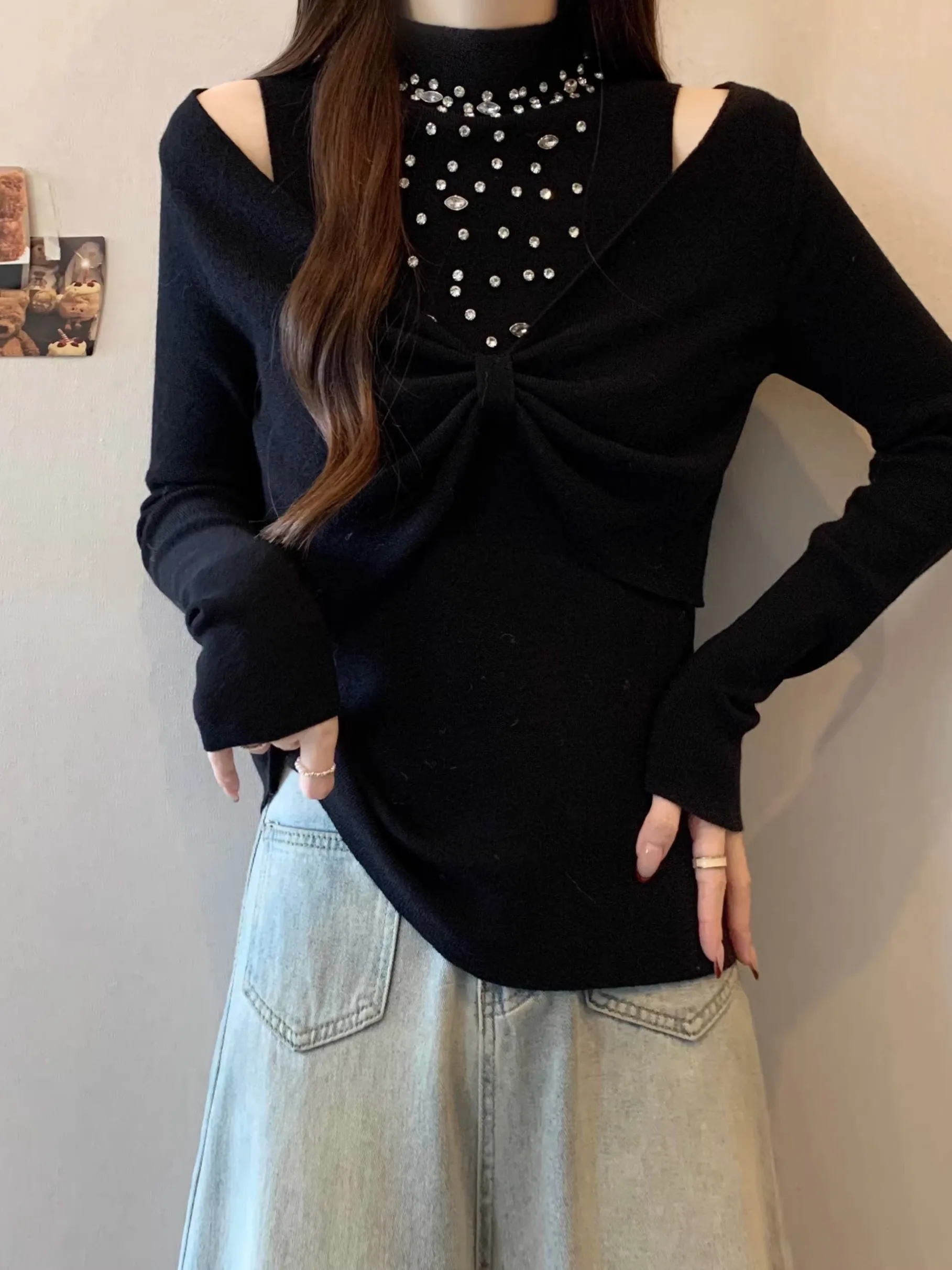 

Ele Knitted Long Sve f High Collar Base irt Winter plus Size Women's Faion Pearl Embellied Soft Cotton Blend