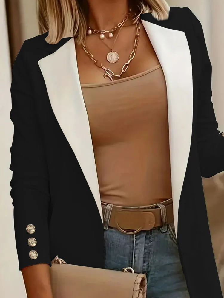 

Женское модное пальто на пуговицах с цветными блоками, 2025 г., повседневные куртки SOlid с длинными рукавами, офисные элегантные облегающие кардиганы для поездок на работу