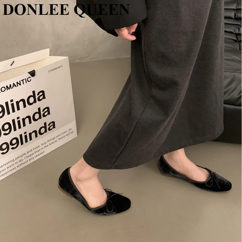 2024 Fashion Square Toe Flats Shoes Women Dress Ballet Slip On Shallow Flat Soft Bow Knot Ballerina Female Loafer Mary Jane Muje