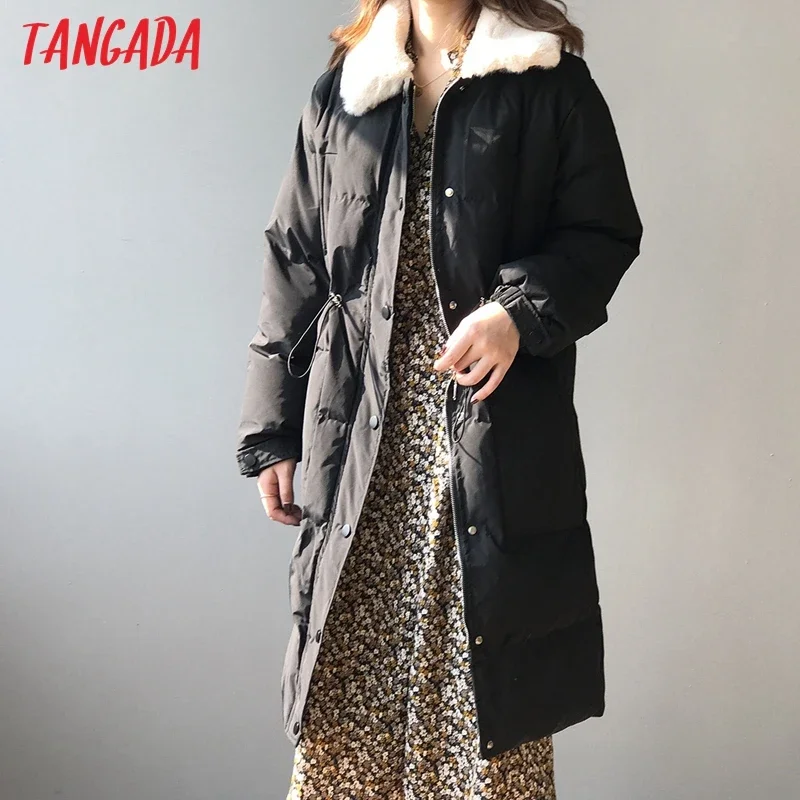 Tangada Women Fur Collar Oversize Long Parkas Thick 2020 Winter Long Sleeve Pockets Female Warm Overcoat ASF75