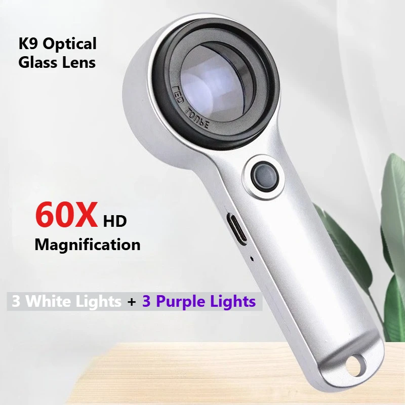 Lupa HD 60X con luz LED UV púrpura - Recargable para joyería, lectura de antigüedades, reparación electrónica para personas mayores