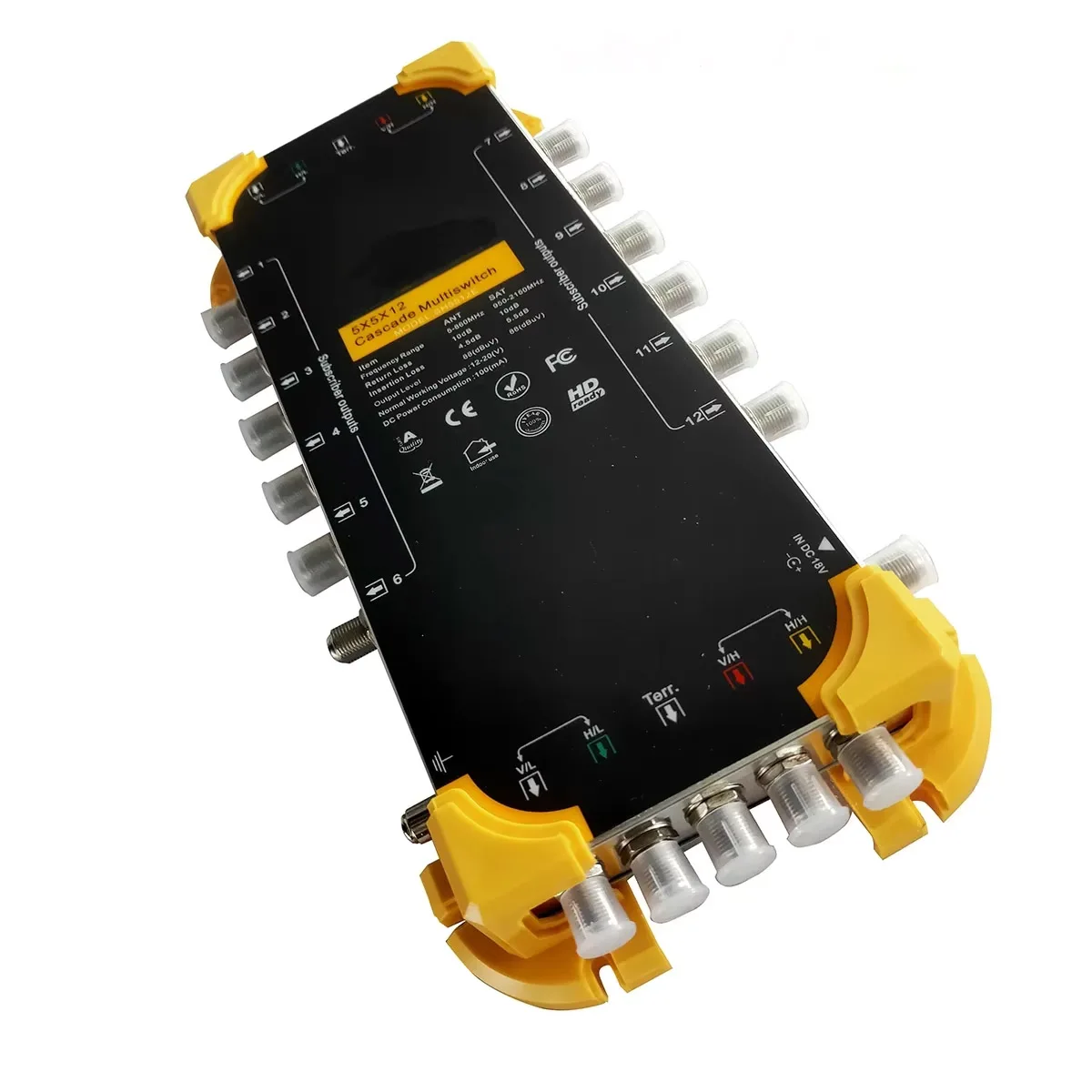 

5x5x12 multi switch cascades satellite/terrestrial signals (4 SAT + 1 TV inputs, 5 outputs).