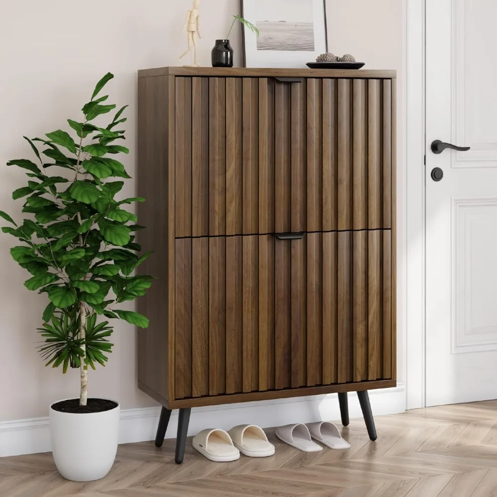 

Shoe Cabinet with 2 Flip Drawers - 23.6" Walnut Hidden Shoe Storage with Fluted Design - Freestanding Organizer