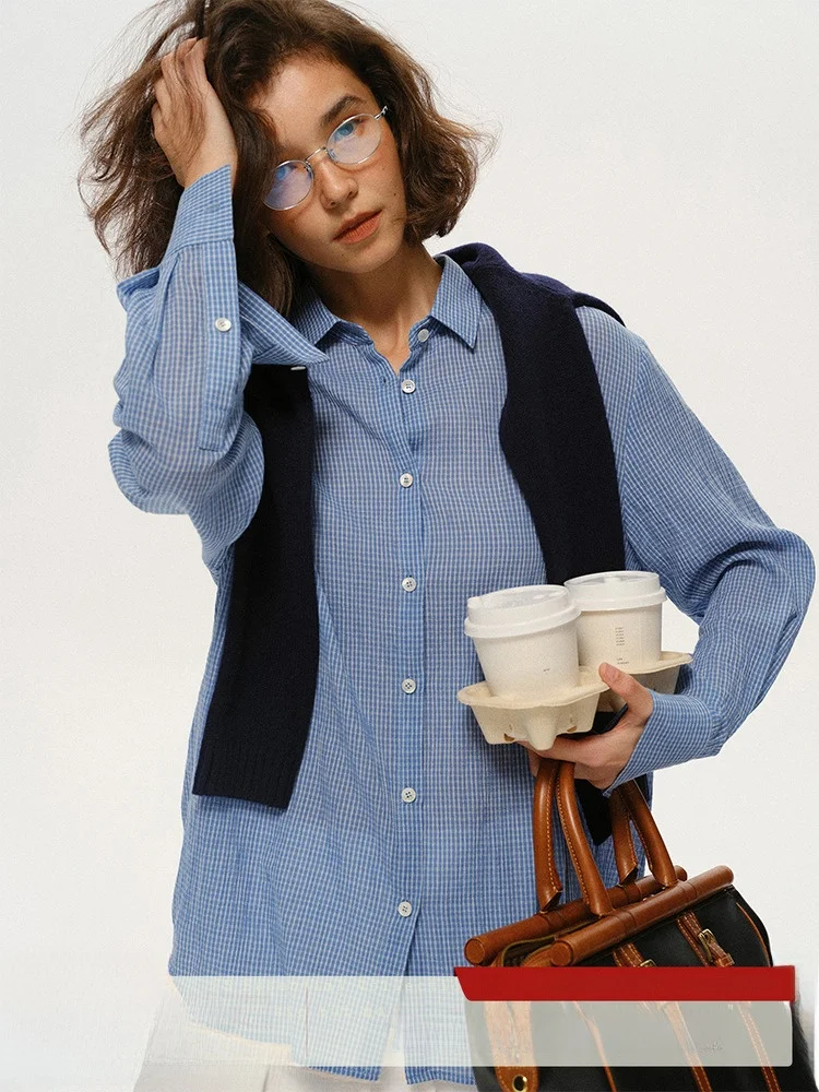 

Blue Plaid Loose Fit Long Sve irt Women's Early Autumn Cotton 00% Button up Classic Sle Commute Friendly