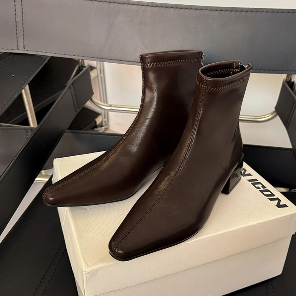 

Slim Short Boots Women's Square Head Velvet Inner Zipper Heightening 6cm British Style round Toe Thick Heel Autumn Winter