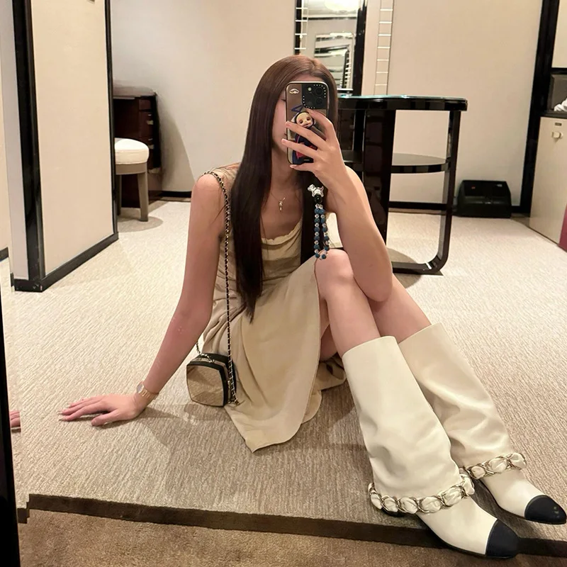 

Fashionable round Toe High Waist Metal Chain Straight Cut Slimming Knight Boots Women's New Autumn Winter All-Match Small Fra...