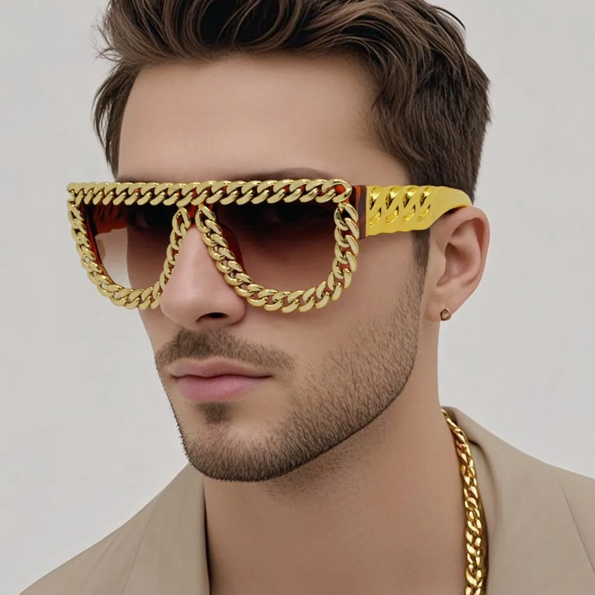 Gold Chain Oversized Square Sunglasses for Men Retro Exaggerated Fashion Designer Punk Sun Glasses for Beach Outdoor Party Shade