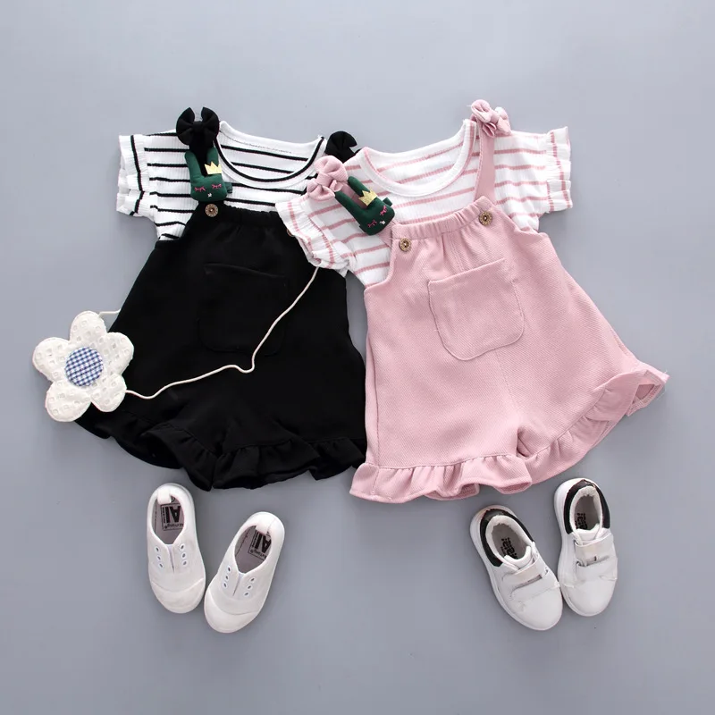

New 2PCS Baby Girls Outfit Sets Summer Kids Clothes Striped T-Shirt With Suspender Pants Comfortable Casual Children Clothing