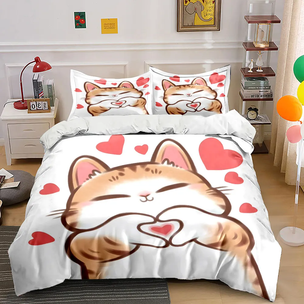 Cute Cat Making Heart Shape Bedding Set for Kids Luxury Gift 3pcs Digital Print Comforter Set Soft Comfortable Breathable