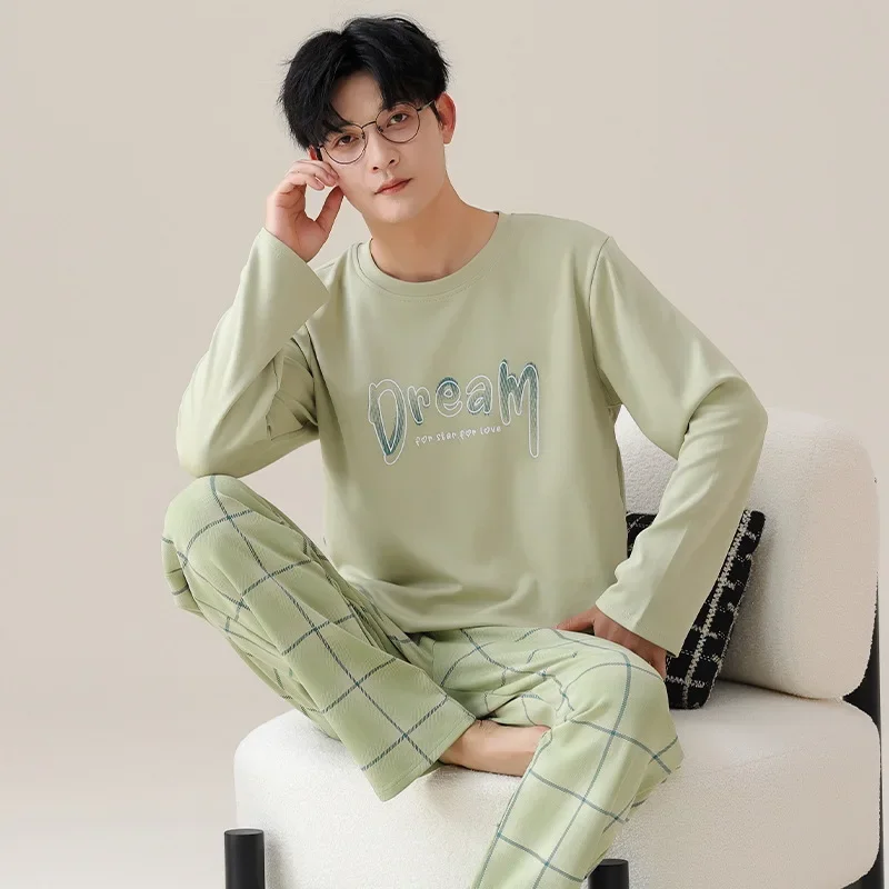 Korean Cotton Men\'s Pajamas Set Autumn Long Sleeves Sleeping Top Trouser Nightwear Young Boy L-3XL Big Size Pijamas Male Lounge