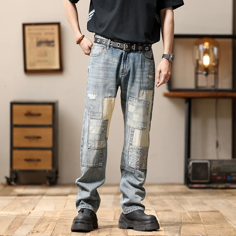Men's patchwork slim fit small straight leg pants embroidered  personalized long pants men clothing  jeans for men cargo pants