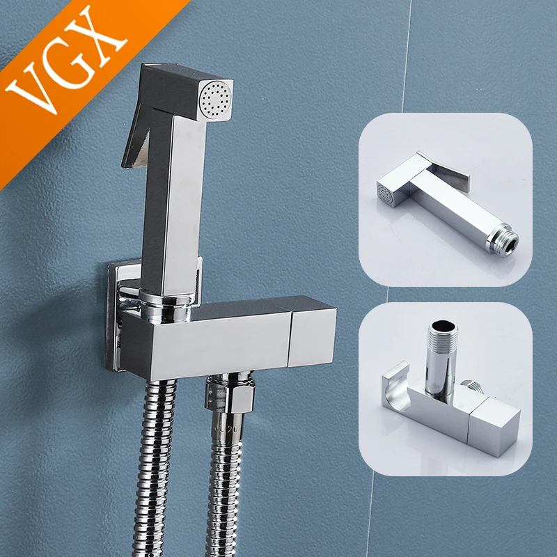 VGX Brass Bidet Faucets Handheld Bidet Sprayer Set For Toilet Crane Square Hand Sprayer Bathroom Shattaf Sprayer Hygienic Shower