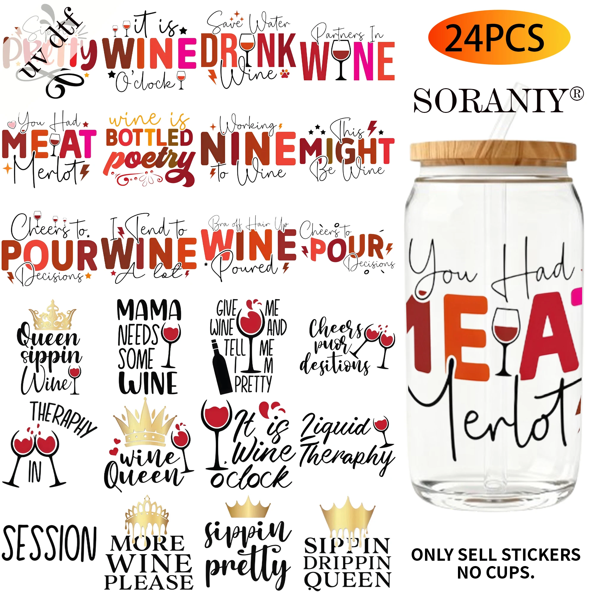24PCS/Set Colorful Funny Wine Slogan Text Themed UV DTF 16OZ DIY Transfer Paper Set Golden Text Used For 16oz Water Bottles Glas