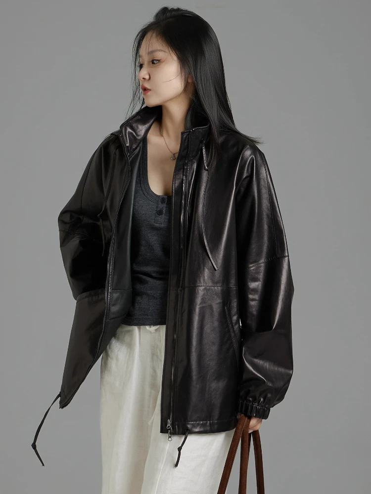 Casual Schwarz Echtes Leder Windjacke für Frauen Frühling Herbst High-end-Einfache Stehkragen Mit Kapuze Echt Schaffell Mantel