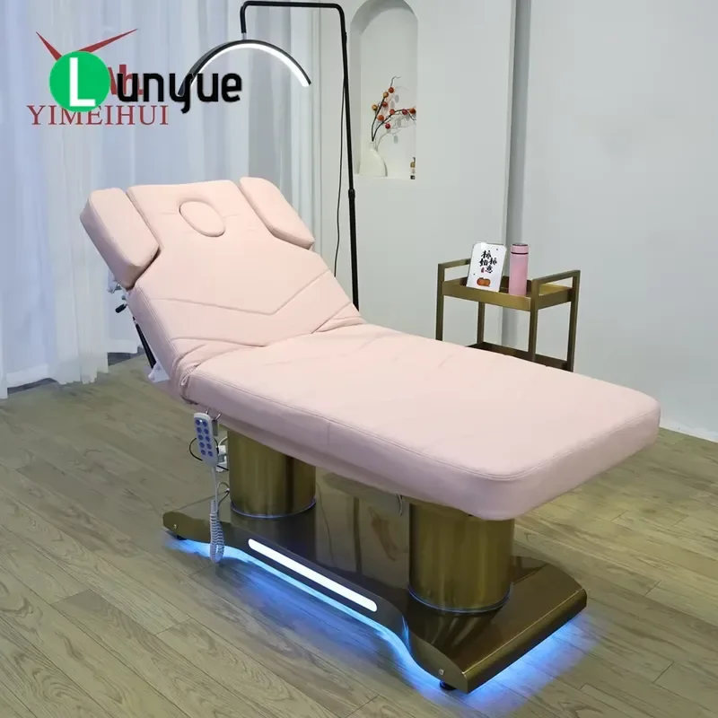 Luxury Gold Pedestal 4 Motor Electric Beauty Bed with LED Lights for Massage Treatment in Beauty Salons