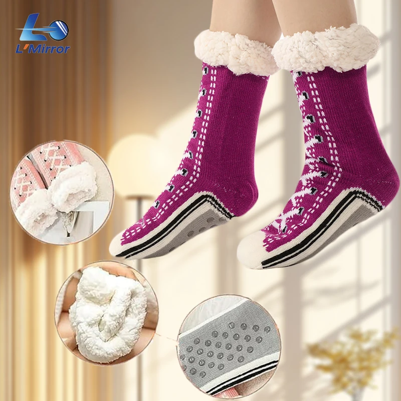 

L ● Зеркальные пушистые термоноски для женщин, нескользящие домашние носки для сна, теплые забавные рождественские подарки, chaussettes rigolote