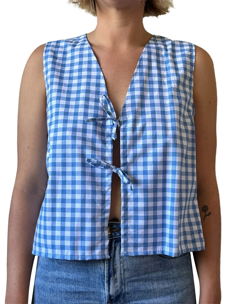 Women s Plaid Print Tank Tops Double Front Tie Closure V-Neck Summer Sleeveless Vest