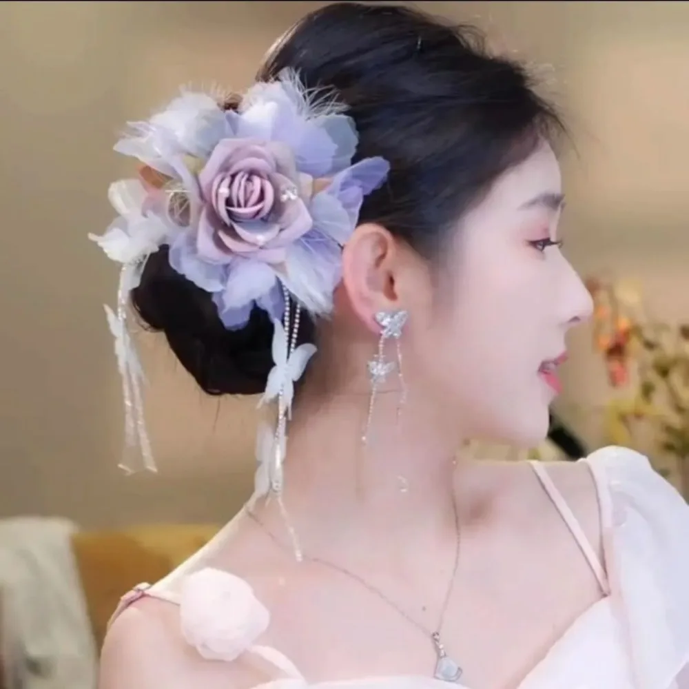 Jepit Rambut Bunga Retro Aksesori Rambut Klip Hiu Hanfu Peri Super Temperamen Cakar Rambut Rumbai Besar