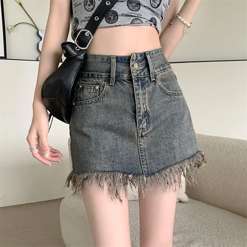 

Women's Denim Skirt Gyaru Skirts For Woman Clothes Fringe Short Jeans Mini Streetwear Offer Youthful Emo Korean Style Fashion V